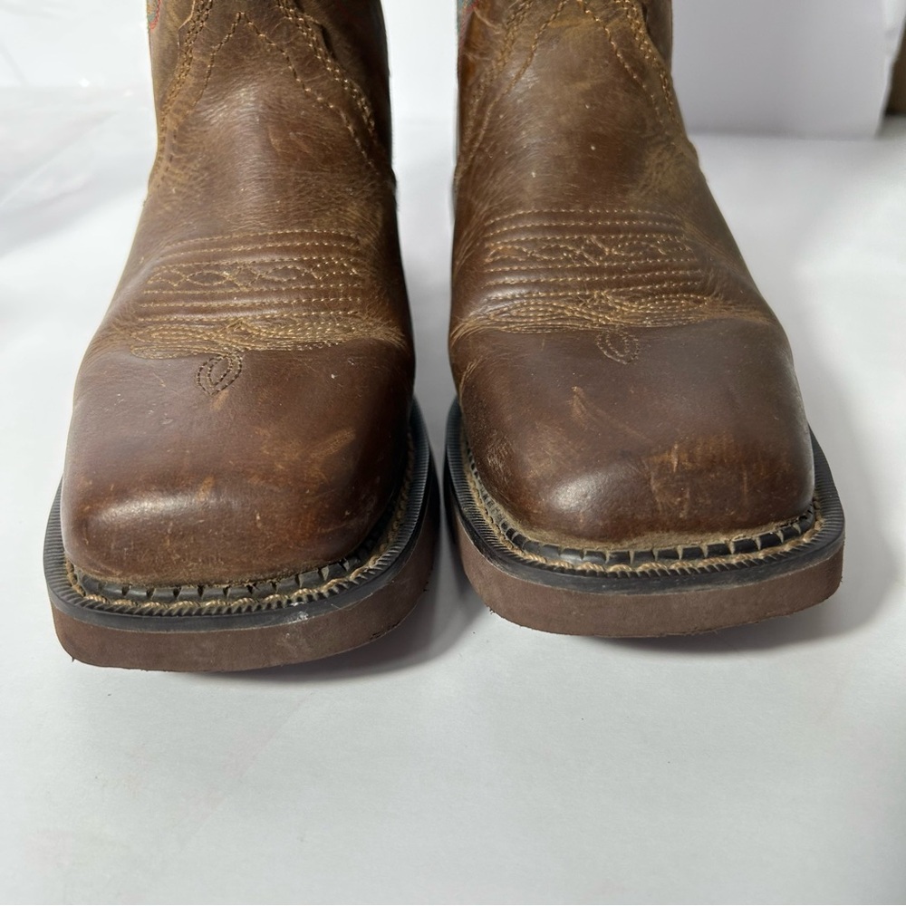 Justin Boots Brown Leather Western Boots with Turquoise Trim - Picture 6 of 16